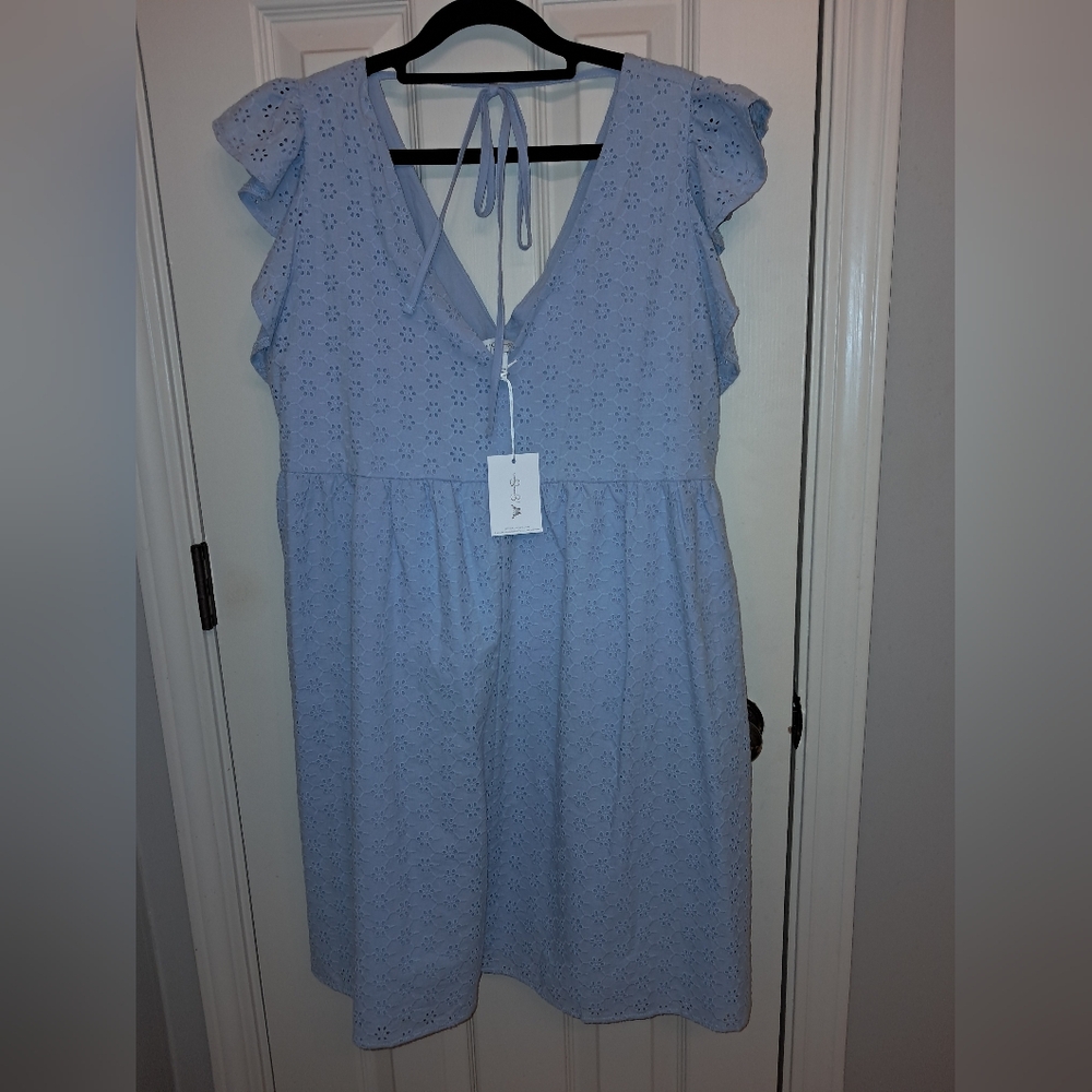 Jessica Simpson NEW cotton eyelet dress size large light blue V neck babydoll - Picture 2 of 12